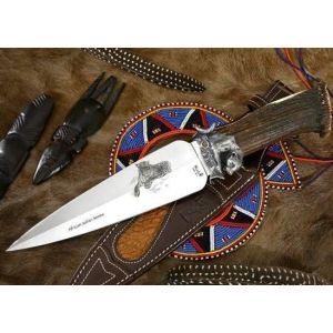 Muela Cuchillo de lujo Big Five B.F-LEOPARD hoja de acero aleado de 24 cm y empuñadura de asta de ciervo con plata de ley.