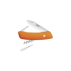 Navaja multiusos suiza Swiza D01OR con hoja de acero 440C de 7,5 cm, linerlock y empuñadura de color naranja. Seis usos diferentes
