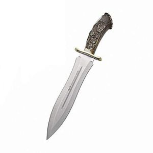 Muela Cuchillo de caza de lujo PODENQUERO-GJ con hoja de acero inoxidable MoVa de 24 cm y empuñadura de asta de ciervo tallada.