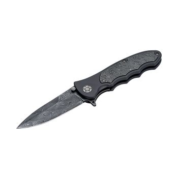 Navaja Böker Leopard-Damascus III Collection con una hoja de acero Damasco de 9,7 cm y empuñadura de aluminio de 12,8 cm