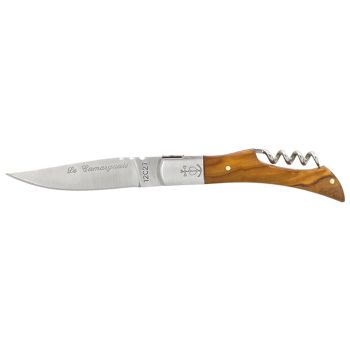 Navaja Camarguais Con sacacorchos 10035 con hoja de acero 12C27 de 9.0 cm y empuñadura de Madera de olivo de 10.5 cm