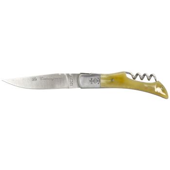 Navaja Camarguais Con sacacorchos 10036 con hoja de acero 12C27 de 9.0 cm y empuñadura de Cuerno de toro de 10.5 cm