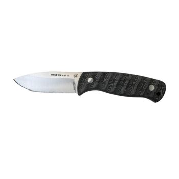 Cuchillo J&V XS-DROP BLACK EDITION con hoja de acero 1.4116 de 10 cm y empuñadura de micarta negra con separadores rojos de 11,5 cm