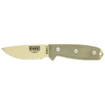 Cuchillo ESEE-3 - Camo Desierto - Hoja Mixto - Pomo modificado con hoja de acero Carbono de 8.8 cm y empuñadura de Micarta de 12.1 cm