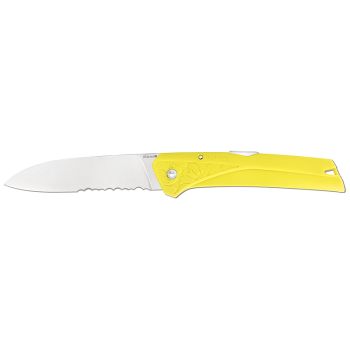 Navaja Florinox Kiana filo mixto – Amarillo con hoja de acero Acero inoxidable X35Cr16N de 8.7 cm y empuñadura de poliamida y fibra de vidrio de 11.3 cm