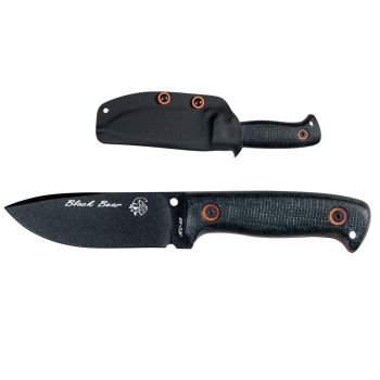Cuchillo Black Bear de J&V con hoja de acero MoVa MV-58 pavonado negro de 11 cm con empuñadura de micarta negra y naranja de 12 cm
