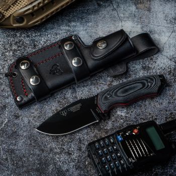 Cuchillo Cudeman 115-N Mini Boina Verde hoja de acero inoxidable Böhler N-695 pavonado negro de 9 cm empuñadura de micarta negra de 10 cm funda de cuero