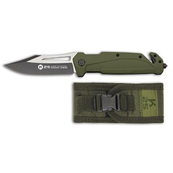 Navaja Táctica K-25 18998 con hoja de acero 7Cr17Mov de 9,3 cm y empuñadura de Goma Verde de 12,5 cm.
