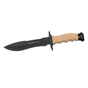 Cuchillo Muela 85-181.D con hoja de acero Nitro 42 de 18 cm y empuñadura de zamak lacado negro y goma color arena de 11 cm.