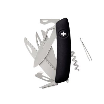 Navaja Multiusos Swiza SH09TR AM SAW & SCISSORS WAVY EDGE negra con hoja de acero 440 de 7,5 cm