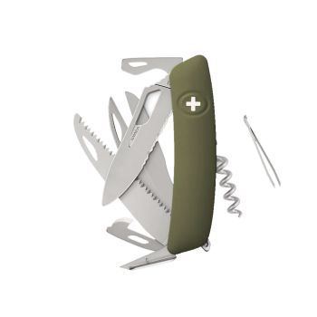 Navaja Multiusos Swiza SH09TR AM SAW & SCISSORS WAVY EDGE olivo con hoja de acero 440 de 7,5 cm