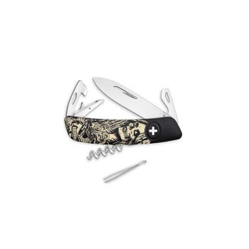 Navaja multiusos suiza Swiza D03, Dia De Los Muertos con hoja de acero 440C de 75.cm. Bloqueo por liner-lock con botón y once usos diferentes