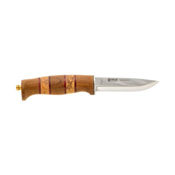 Cuchillo Helle HARDING RUBIN 699 H3LS Lim Edition 2026 con hoja de acero inoxidable laminado triple de 10 cm y empuñadura de Kebony, cuero teñido de rojo, haya veteada de 11 cm