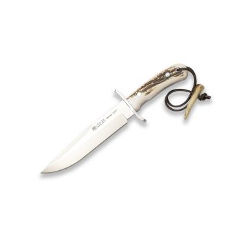 Cuchillo Joker Bush Camp Knife CM146 novedad para el año 2026, con hoja de acero Böhler N695 de 20 cm y empuñadura de micarta canvas negra de 14 cm.  Funda de cuero.