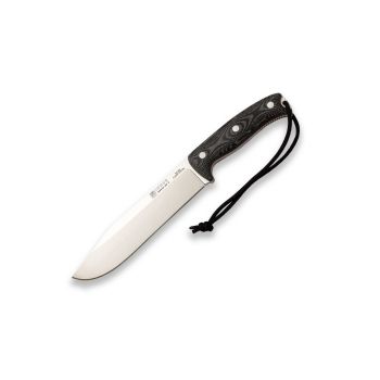 Cuchillo Joker Bush Camp Knife CM146 novedad para el año 2026, con hoja de acero Böhler N695 de 20 cm y empuñadura de micarta canvas negra de 14 cm.  Funda de cuero.