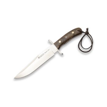 Cuchillo Joker Bowie 7.87 con hoja de acero Böhler N695 de 20 cm y empuñadura de madera de nogal de 12,3 cm. Funda de cuero marrón.