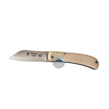 Navaja Beluga J&V con hoja de acero 14c28n de 8,7 cm y empuñadura de micarta blanca con separador azul de 11 cm