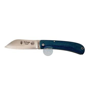 Navaja Beluga J&V con hoja de acero 14c28n de 8,7 cm y empuñadura de yute azul de 11 cm