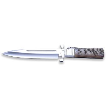 Cuchillo plegable familia Expósito con hoja de acero Molibdeno Vanadio de 18 cm y empuñadura de cuerno de muflón con funda de piel PL-75/MU