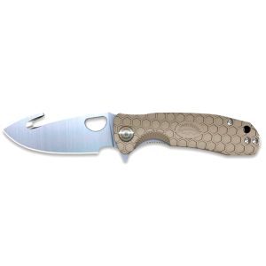 Navaja Honey Badger Hook Large Tan con hoja de acero 8Cr13MoV de 11.1 cm y empuñadura de FRN de 9.7 cm