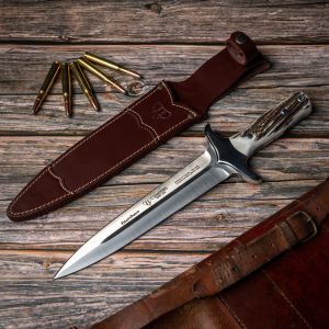 Cuchillo Cudeman 105-C FACOCHERO hoja de acero inoxidable Mova de 23 cm, empuñadura de asta de ciervo de 14 cm