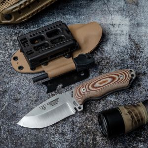 Cuchillo Cudeman 115-X-K Mini Boina Verde hoja de acero Böhler N-695 de 9 cm empuñadura de micarta marrón de 10 cm funda de kydex