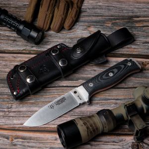 Cuchillo Cudeman 120-M MT-5 hoja de acero inoxidable Böhler N-695 de 11 cm empuñadura de micarta negra de 11,5 cm funda de cuero