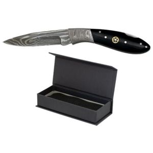 Navaja Damasco con hoja de acero Damasco 312 Capas de 8.00 cm y empuñadura de Asta / Negra de 10.10 cm