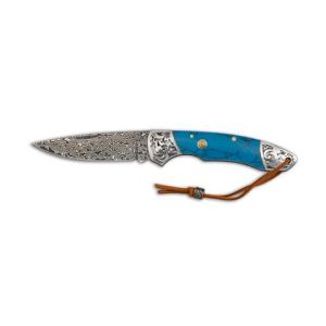 Navaja Damasco con hoja de acero Damasco 73 Capas de 7.50 cm y empuñadura de Resina Azul de 9.70 cm