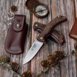 Navaja Cudeman 325-GF hoja de acero MoVa 1.4116 de 9,5 cm y empuñadura de nogal pulido con separador rojo de 11,5 cm con funda de cuero