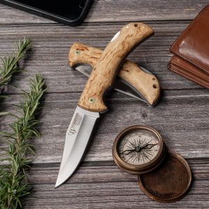 Navaja Cudeman 326-D con hoja de acero böhler N-690Co de 9,5 cm y empuñadura de abedul rizado con separador azul