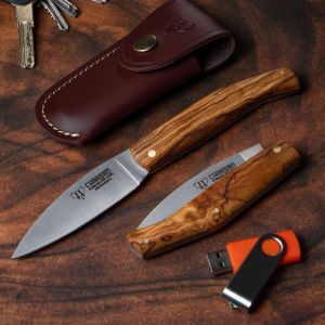 Navaja Cudeman Solsona 443-LF hoja de acero 420 de 9 cm y empuñadura de madera de olivo de 11 cm con funda de cuero