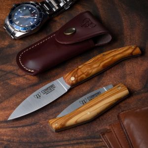 Navaja Cudeman Solsona 444-LF hoja de acero 420 de 8 cm y empuñadura de madera de olivo de 10 cm con funda de cuero