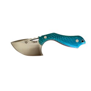 Cuchillo Cudeman PYRANA diseñado por OPUS KNIVES, con hoja de acero Böhler de N695 de  6,5 cm y empuñadura de juma azul con separador naranja  de 10 cm