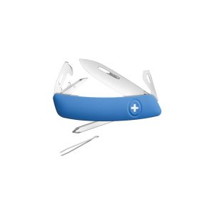 Navaja multiusos suiza Swiza D04, Azul con hoja de acero 440C de 75.cm. Bloqueo por liner-lock con botón y once usos diferentes