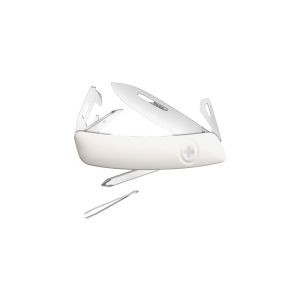 Navaja multiusos suiza Swiza D04, Blanca con hoja de acero 440C de 75.cm. Bloqueo por liner-lock con botón y once usos diferentes