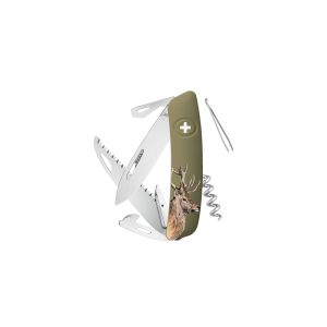 Navaja multiusos suiza Swiza D05, color verde oliva, Fotografía ciervo con hoja de acero 440C de 75.cm. Bloqueo por liner-lock con botón y doce usos diferentes