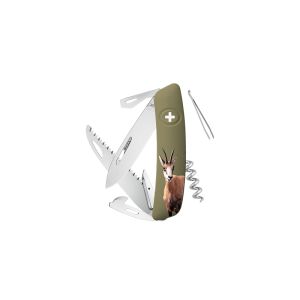 Navaja multiusos suiza Swiza D05, color verde oliva, Fotografía corzo con hoja de acero 440C de 75.cm. Bloqueo por liner-lock con botón y doce usos diferentes
