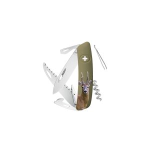 Navaja multiusos suiza Swiza D05, color verde oliva, Fotografía ciervo con hoja de acero 440C de 75.cm. Bloqueo por liner-lock con botón y doce usos diferentes