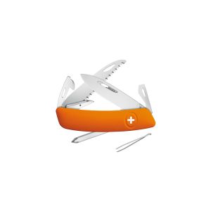 Navaja multiusos suiza Swiza D06, Naranja con hoja de acero 440C de 75.cm. Bloqueo por liner-lock con botón y doce usos diferentes