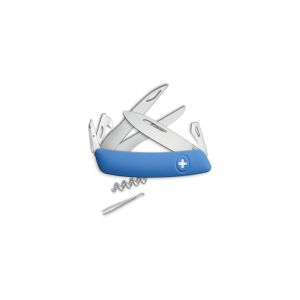 Navaja multiusos suiza Swiza D07 Scissors - Tijeras, Azul con hoja de acero 440C de 75.cm. Bloqueo por liner-lock con botón y doce usos diferentes