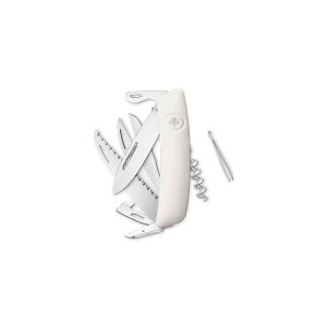 Navaja multiusos suiza Swiza D09 Blanca con hoja de acero 440C de 75.cm. Bloqueo por liner-lock con botón y trece usos diferentes