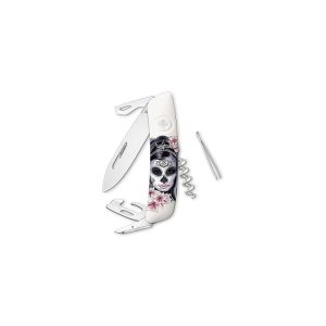 Navaja multiusos suiza Swiza D03, Senorita, Blanca con hoja de acero 440C de 75.cm. Bloqueo por liner-lock con botón y once usos diferentes
