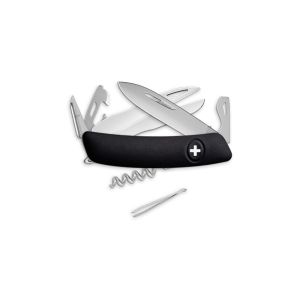 Navaja multiusos suiza Swiza D07 Scissors - Tijeras, Negro con hoja de acero 440C de 75.cm. Bloqueo por liner-lock con botón y doce usos diferentes