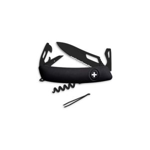 Navaja multiusos suiza Swiza SH03 ALLBLACK - Negro con hoja de acero 440C de 75.cm. Bloqueo por liner-lock con botón y diez usos diferentes