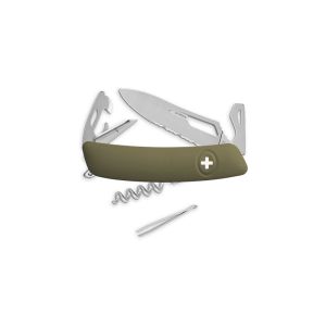 Navaja multiusos suiza Swiza SH03 Allmatt - color verde oliva con hoja de acero 440C de 75.cm. Bloqueo por liner-lock con botón y diez usos diferentes