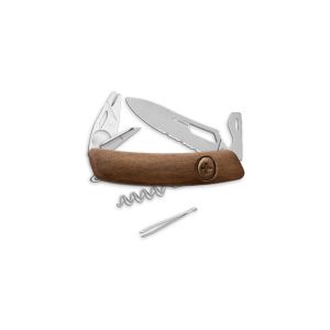 Navaja multiusos suiza Swiza SH03 Quita garrapatas Allmatt - Nogal con hoja de acero 440C de 75.cm. Bloqueo por liner-lock con botón y diez usos diferentes
