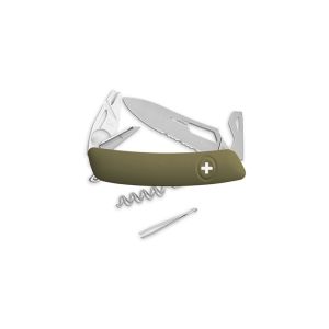 Navaja multiusos suiza Swiza SH03 Quita garrapatas Allmatt - color verde oliva con hoja de acero 440C de 75.cm. Bloqueo por liner-lock con botón y diez usos diferentes
