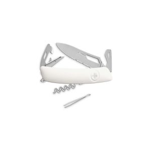 Navaja multiusos suiza Swiza SH03 Allmatt - Blanca con hoja de acero 440C de 75.cm. Bloqueo por liner-lock con botón y diez usos diferentes