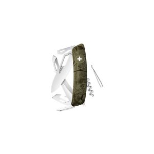 Navaja multiusos suiza Swiza Hunter color verde oliva  con hoja de acero 440C de 75.cm. Bloqueo por liner-lock con botón y trece usos diferentes